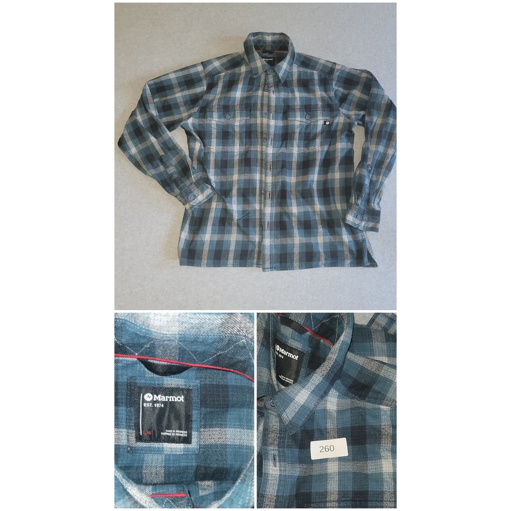 Marmot Mens Blue Plaid Flannel Long Sleeve Button Up Shirt Large Hiking Outdoor